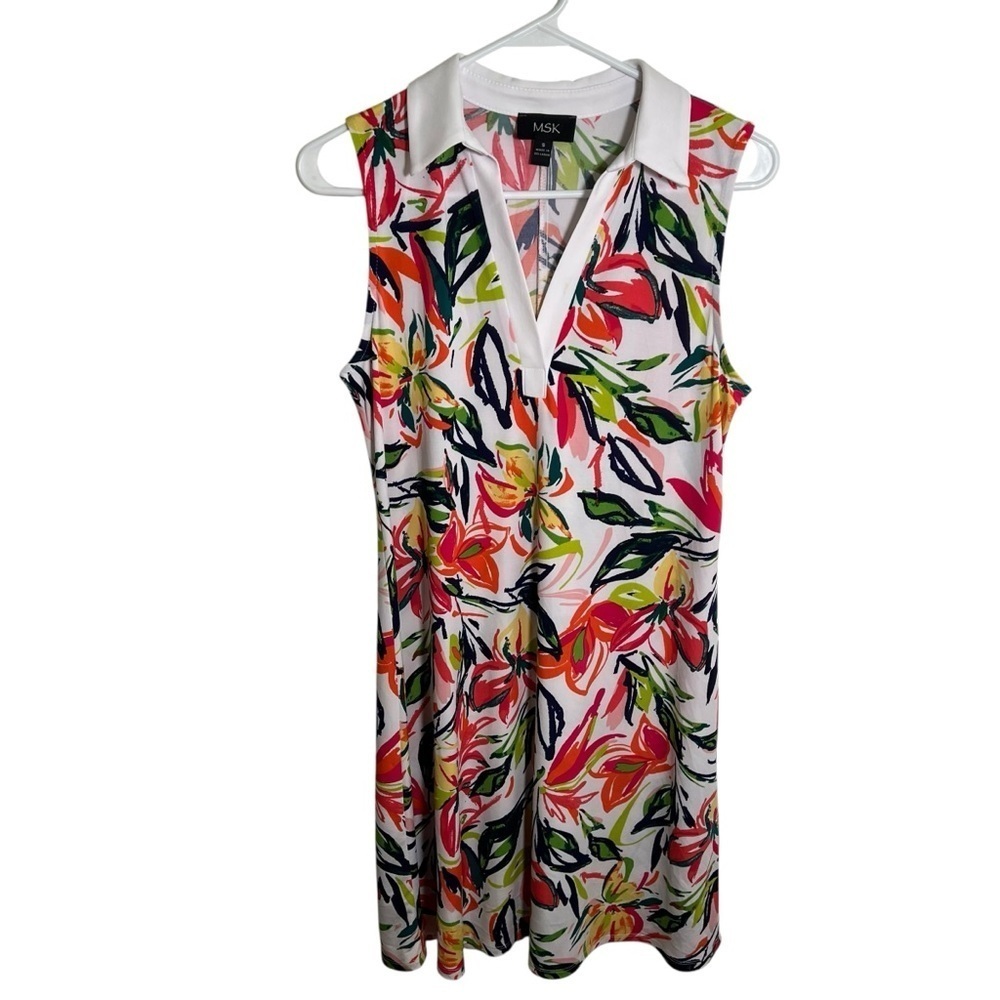 MSK Women's Sz Small Golf Dress Sleeveless White Neon Floral Split Neck Athletic